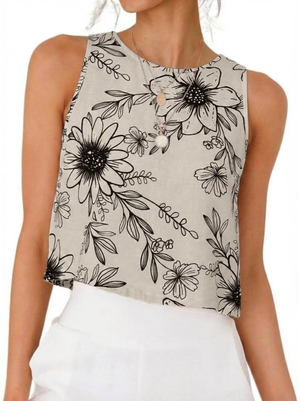Women Floral Cream Black Button Linen Summer Beach Sleeveless Imported Tank Top